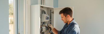 Électricien professionnel au travail sur un tableau électrique